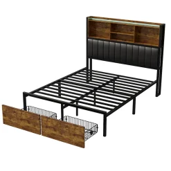 ProximaX Lit Coffre 160x200 cm avec sommier à lattes, LED, 2 tiroirs, tête de lit capitonnée en PU, cadre métallique robuste