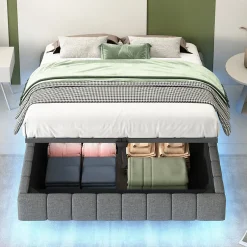 Okwish Lit Coffre 140x200 cm avec Sommier Relevable - Lit Double avec Rangement et Bande LED Intégrée - Tissu Gris - Sans Matelas