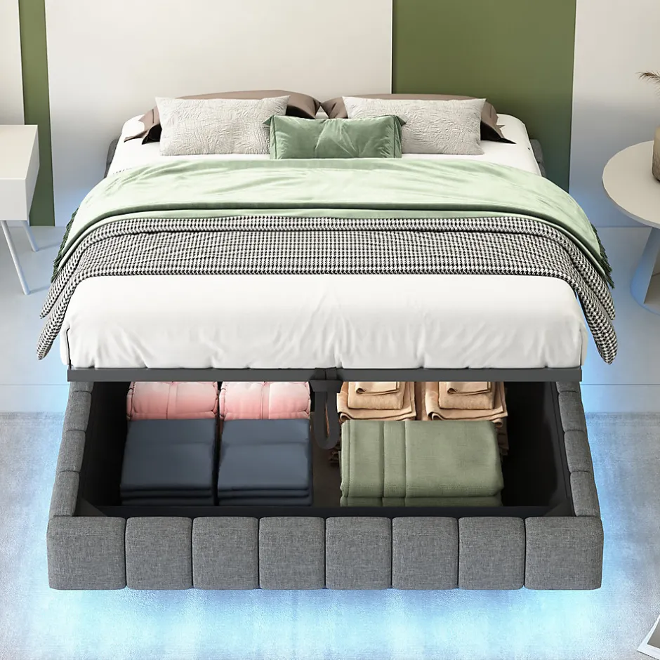 Okwish Lit Coffre 140x200 cm avec Sommier Relevable - Lit Double avec Rangement et Bande LED Intégrée - Tissu Gris - Sans Matelas