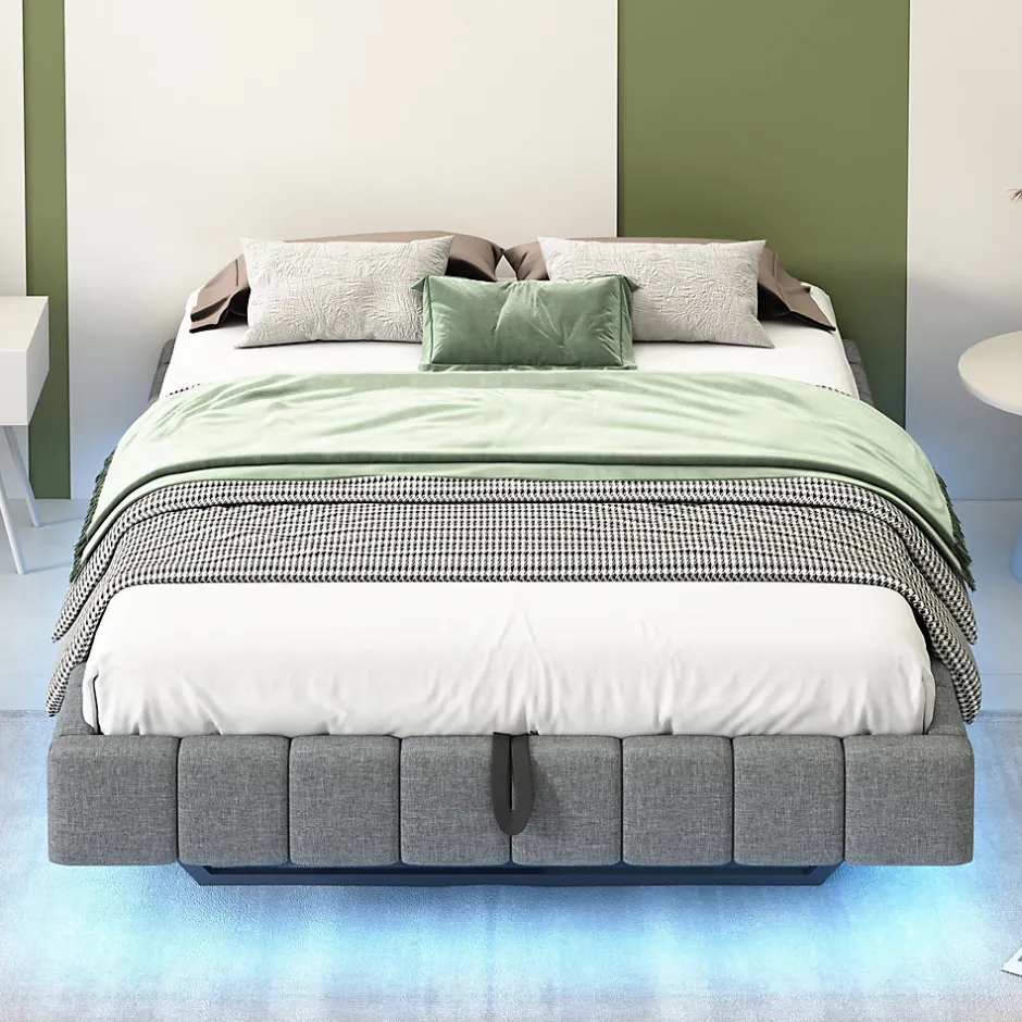 Okwish Lit Coffre 140x200 cm avec Sommier Relevable - Lit Double avec Rangement et Bande LED Intégrée - Tissu Gris - Sans Matelas