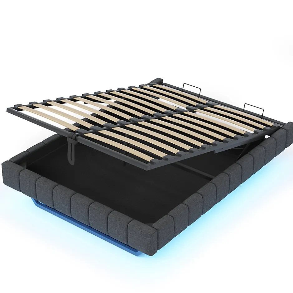 Okwish Lit Coffre 140x200 cm avec Sommier Relevable - Lit Double avec Rangement et Bande LED Intégrée - Tissu Gris - Sans Matelas