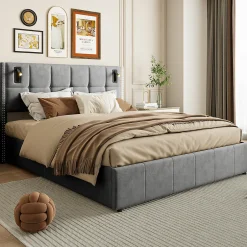 Simple Life Lit coffre 160x200 cm avec sommier à lattes, lit rembourré avec port USB et Type-C, LED, velours, gris Best