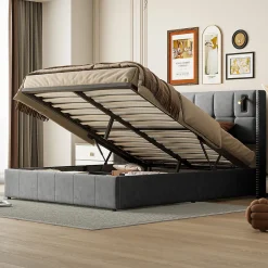 Simple Life Lit coffre 160x200 cm avec sommier à lattes, lit rembourré avec port USB et Type-C, LED, velours, gris Best