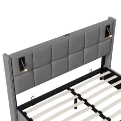 Simple Life Lit coffre 160x200 cm avec sommier à lattes, lit rembourré avec port USB et Type-C, LED, velours, gris Best