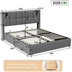 Simple Life Lit coffre 160x200 cm avec sommier à lattes, lit rembourré avec port USB et Type-C, LED, velours, gris Best
