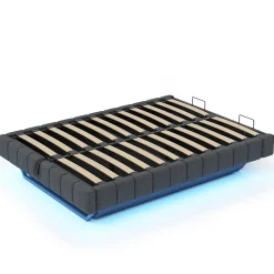 Okwish Lit Coffre 160x200 cm avec Sommier Relevable - Lit Double Tissu Gris avec Rangement et Bande LED Intégrée - Sans Matelas Outlet