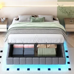 Okwish Lit Coffre 160x200 cm avec Sommier Relevable - Lit Double Tissu Gris avec Rangement et Bande LED Intégrée - Sans Matelas Outlet