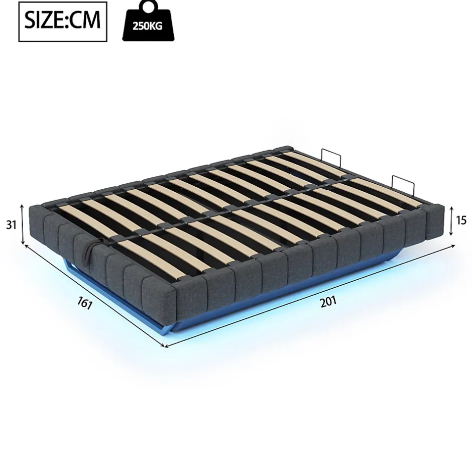 Okwish Lit Coffre 160x200 cm avec Sommier Relevable - Lit Double Tissu Gris avec Rangement et Bande LED Intégrée - Sans Matelas Outlet
