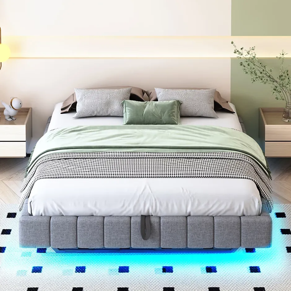 Okwish Lit Coffre 160x200 cm avec Sommier Relevable - Lit Double Tissu Gris avec Rangement et Bande LED Intégrée - Sans Matelas Outlet