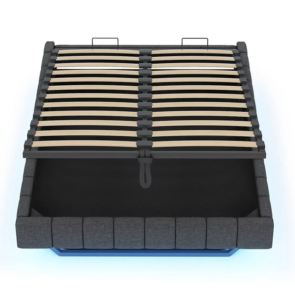 Okwish Lit Coffre 160x200 cm avec Sommier Relevable - Lit Double Tissu Gris avec Rangement et Bande LED Intégrée - Sans Matelas Outlet