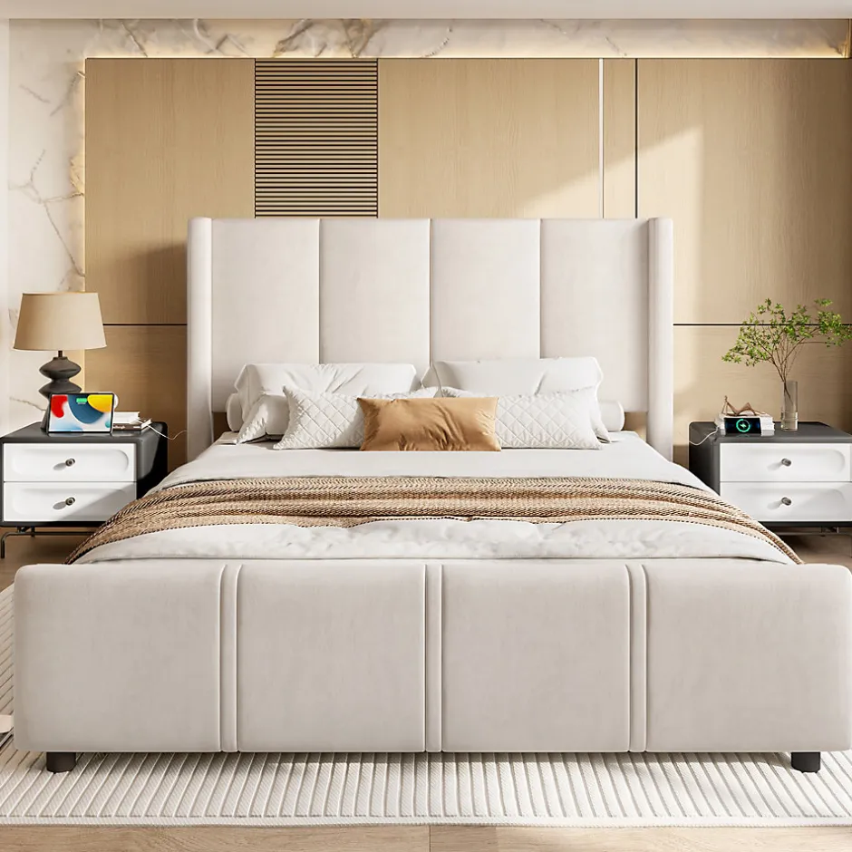 ProximaX Lit coffre 140x200 cm avec tête de lit trapézoïdale, lit double éclairage LED, ports USB, 2 tiroirs, hauteur réglable, Beige