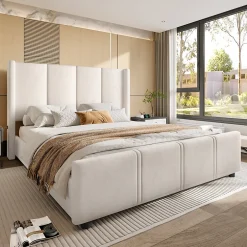 ProximaX Lit coffre 140x200 cm avec tête de lit trapézoïdale, lit double éclairage LED, ports USB, 2 tiroirs, hauteur réglable, Beige