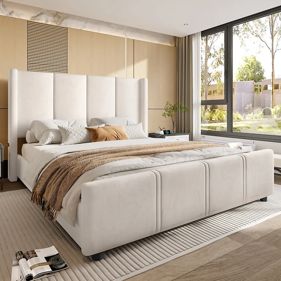 ProximaX Lit coffre 140x200 cm avec tête de lit trapézoïdale, lit double éclairage LED, ports USB, 2 tiroirs, hauteur réglable, Beige