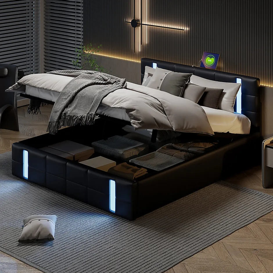 Simple Life Lit Coffre 160x200 cm avec USB et Type-C,LED,Lit Capitonné avec Rangement,hydraulique lit, PU