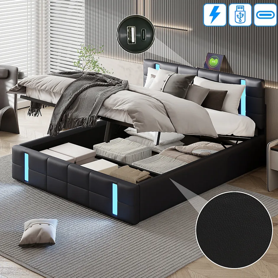 Simple Life Lit Coffre 160x200 cm avec USB et Type-C,LED,Lit Capitonné avec Rangement,hydraulique lit, PU