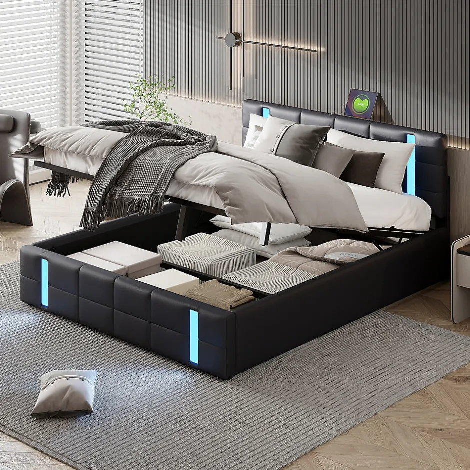 Simple Life Lit Coffre 160x200 cm avec USB et Type-C,LED,Lit Capitonné avec Rangement,hydraulique lit, PU