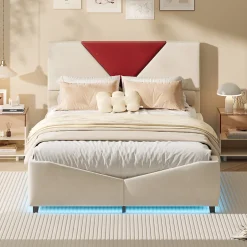 ProximaX Lit coffre 140x200 cm beige avec tête triangulaire bordeaux, rangement à ouverture assistée par vérin, design moderne et pratique