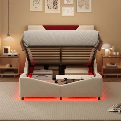 ProximaX Lit coffre 140x200 cm beige avec tête triangulaire bordeaux, rangement à ouverture assistée par vérin, design moderne et pratique