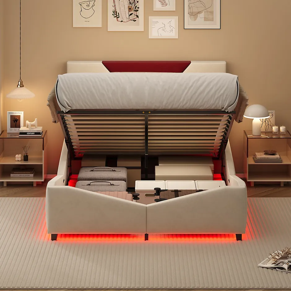 ProximaX Lit coffre 140x200 cm beige avec tête triangulaire bordeaux, rangement à ouverture assistée par vérin, design moderne et pratique
