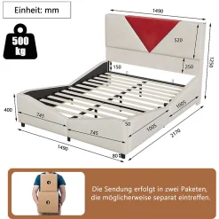 ProximaX Lit coffre 140x200 cm beige avec tête triangulaire bordeaux, rangement à ouverture assistée par vérin, design moderne et pratique