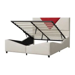 ProximaX Lit coffre 140x200 cm beige avec tête triangulaire bordeaux, rangement à ouverture assistée par vérin, design moderne et pratique