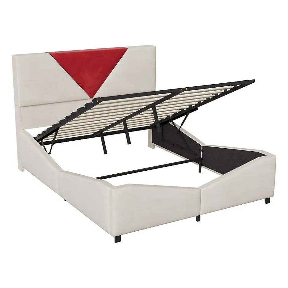 ProximaX Lit coffre 140x200 cm beige avec tête triangulaire bordeaux, rangement à ouverture assistée par vérin, design moderne et pratique