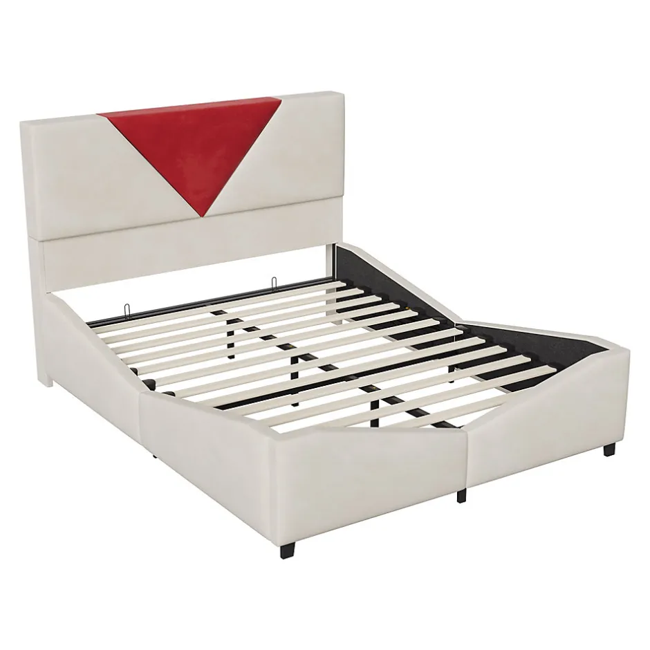 ProximaX Lit coffre 140x200 cm beige avec tête triangulaire bordeaux, rangement à ouverture assistée par vérin, design moderne et pratique
