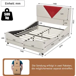 ProximaX Lit coffre 140x190 cm beige avec tête triangulaire bordeaux, rangement à ouverture assistée par vérin, design moderne et pratique Clearance