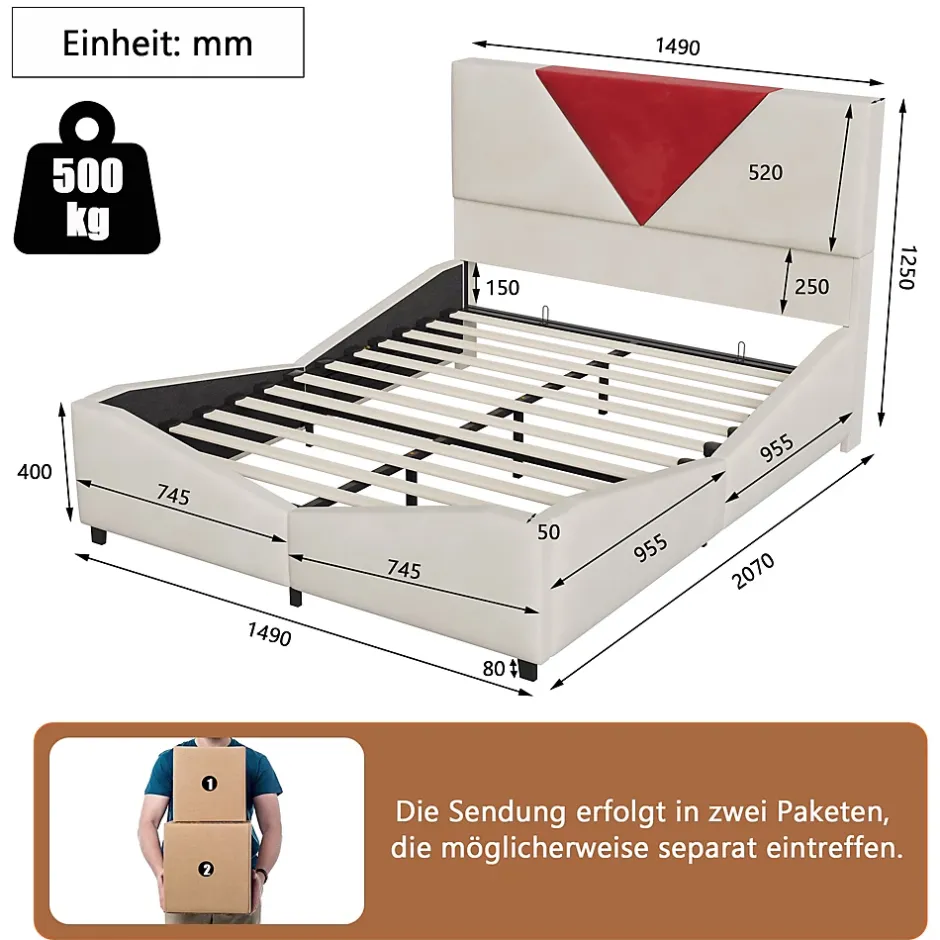 ProximaX Lit coffre 140x190 cm beige avec tête triangulaire bordeaux, rangement à ouverture assistée par vérin, design moderne et pratique Clearance