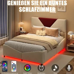 ProximaX Lit coffre 140x190 cm beige avec tête triangulaire bordeaux, rangement à ouverture assistée par vérin, design moderne et pratique Clearance
