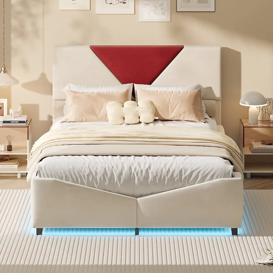 ProximaX Lit coffre 140x190 cm beige avec tête triangulaire bordeaux, rangement à ouverture assistée par vérin, design moderne et pratique Clearance