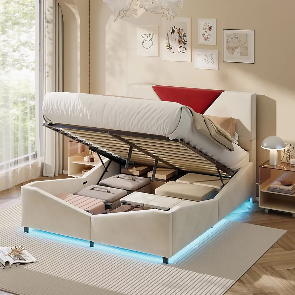 ProximaX Lit coffre 140x190 cm beige avec tête triangulaire bordeaux, rangement à ouverture assistée par vérin, design moderne et pratique Clearance