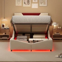 ProximaX Lit coffre 140x190 cm beige avec tête triangulaire bordeaux, rangement à ouverture assistée par vérin, design moderne et pratique Clearance