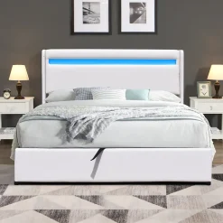 King Of Dreams Lit coffre 120x190 cm blanc - tête de lit LED - 12 lattes - montage rapide - design moderne -