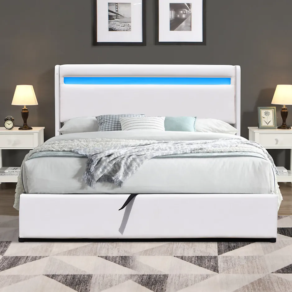 King Of Dreams Lit coffre 120x190 cm blanc - tête de lit LED - 12 lattes - montage rapide - design moderne -