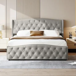 Fortuna lai Lit Coffre 160x200 Cm, Cadre De Lit Avec Tête De Lit Et Sommier à Lattes, Velours, Gris