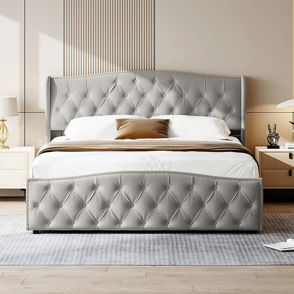 Fortuna lai Lit Coffre 160x200 Cm, Cadre De Lit Avec Tête De Lit Et Sommier à Lattes, Velours, Gris