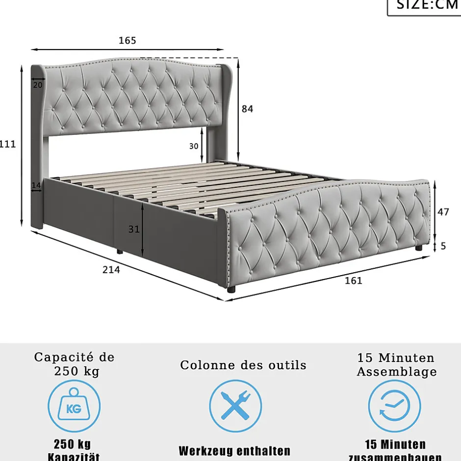 Fortuna lai Lit Coffre 160x200 Cm, Cadre De Lit Avec Tête De Lit Et Sommier à Lattes, Velours, Gris