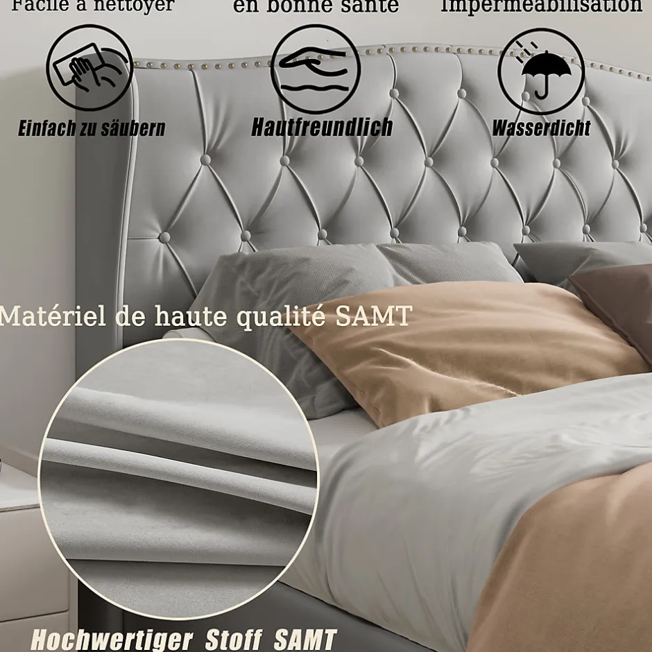 Fortuna lai Lit Coffre 160x200 Cm, Cadre De Lit Avec Tête De Lit Et Sommier à Lattes, Velours, Gris