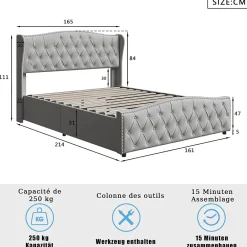 Simple Life Lit Coffre 160x200 Cm, Cadre De Lit Avec Tête De Lit Et Sommier à Lattes, Velours, Gris Hot