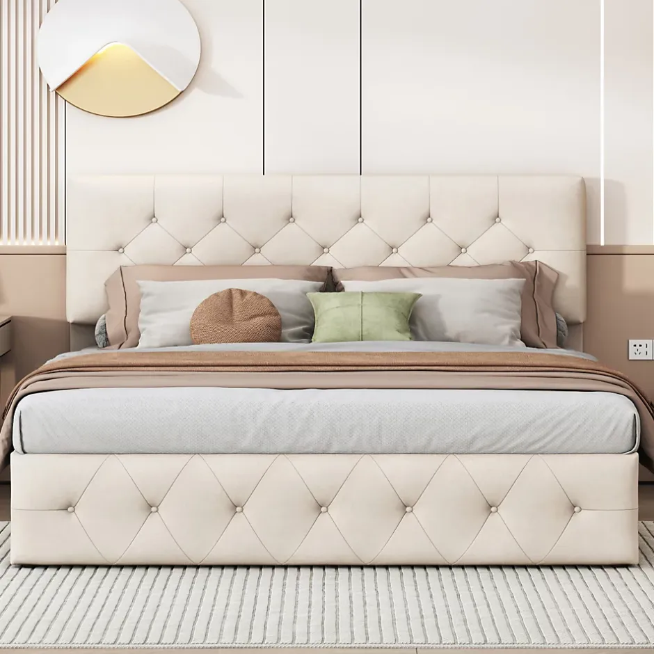 Simple Life Lit Coffre 160x200 Cm, Cadre De Lit Avec Tête De Lit Et Sommier à Lattes, Velours, Beige Discount