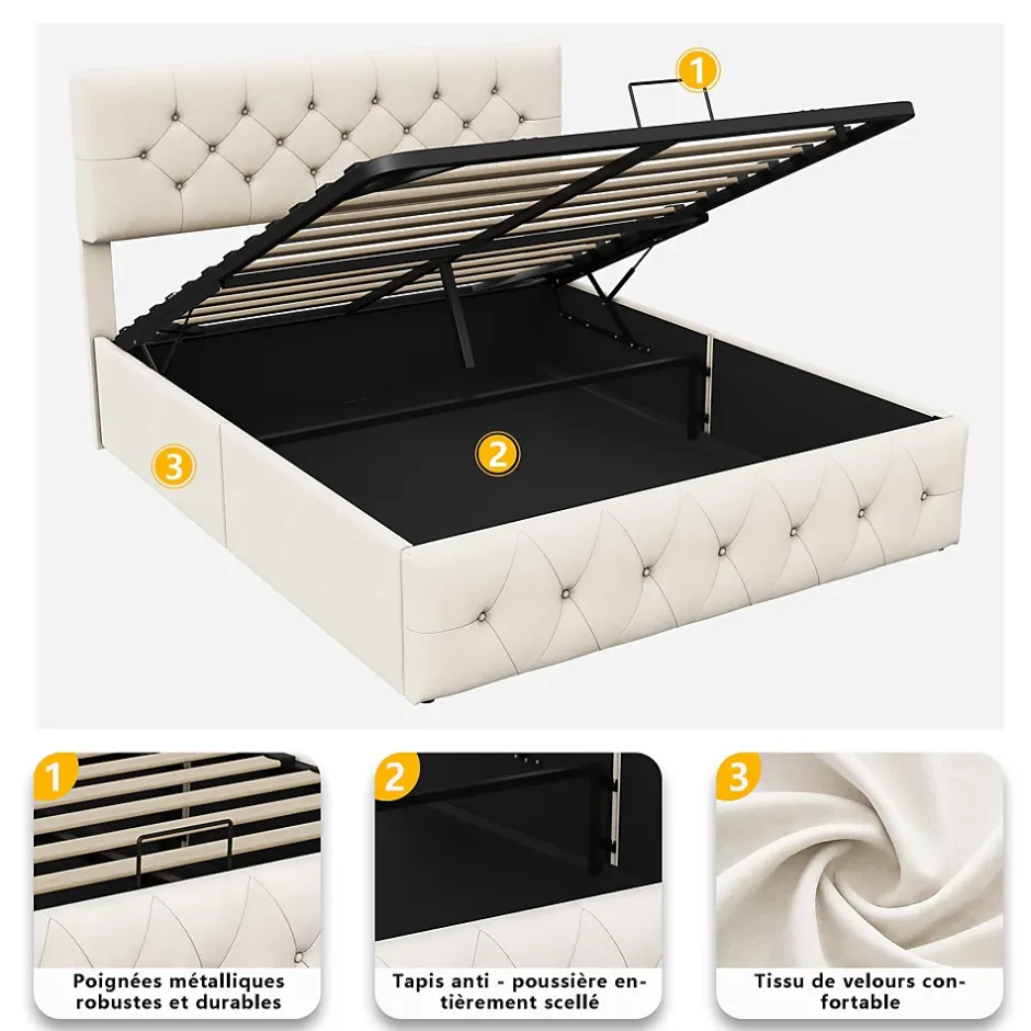 Simple Life Lit Coffre 160x200 Cm, Cadre De Lit Avec Tête De Lit Et Sommier à Lattes, Velours, Beige Discount