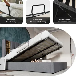 Okwish Lit coffre 140x200 cm capitonné avec rangement intégré, charge sans fil et USB-C - sommier et matelas inclus - tissu coton gris Clearance