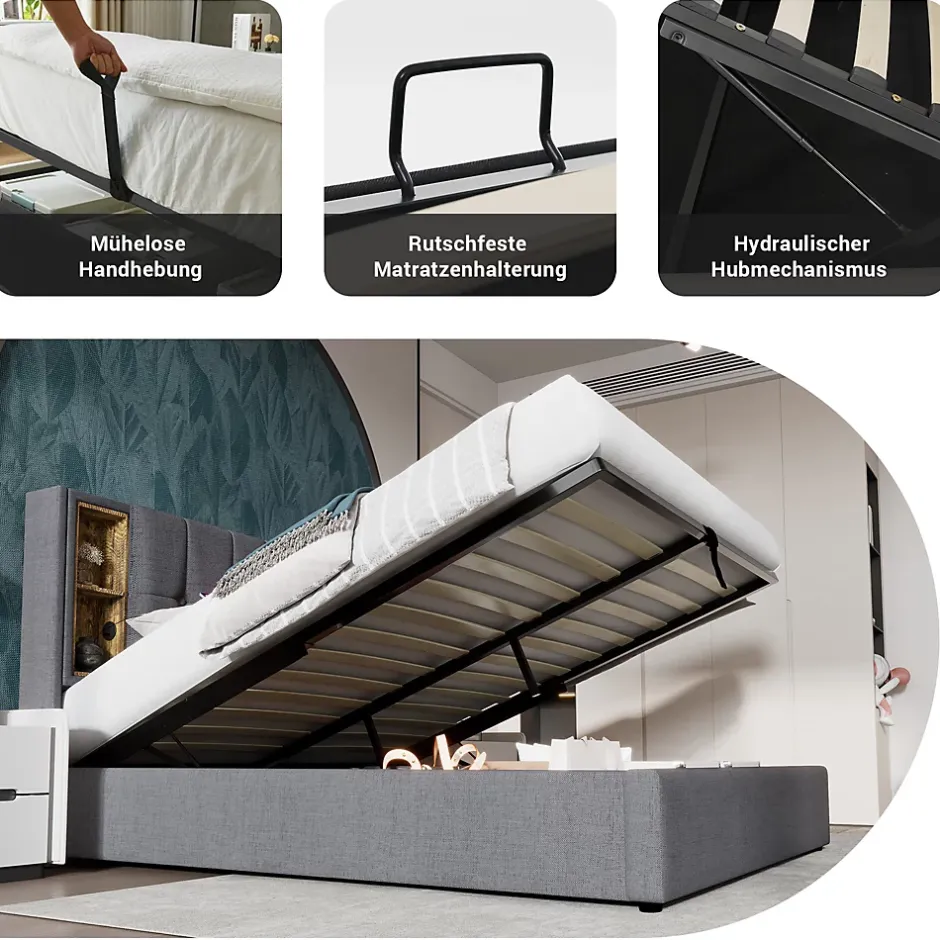 Okwish Lit coffre 140x200 cm capitonné avec rangement intégré, charge sans fil et USB-C - sommier et matelas inclus - tissu coton gris Clearance