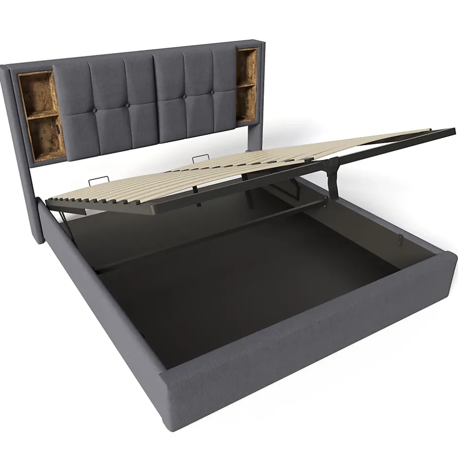 Okwish Lit coffre 140x200 cm capitonné avec rangement intégré, charge sans fil et USB-C - sommier et matelas inclus - tissu coton gris Clearance