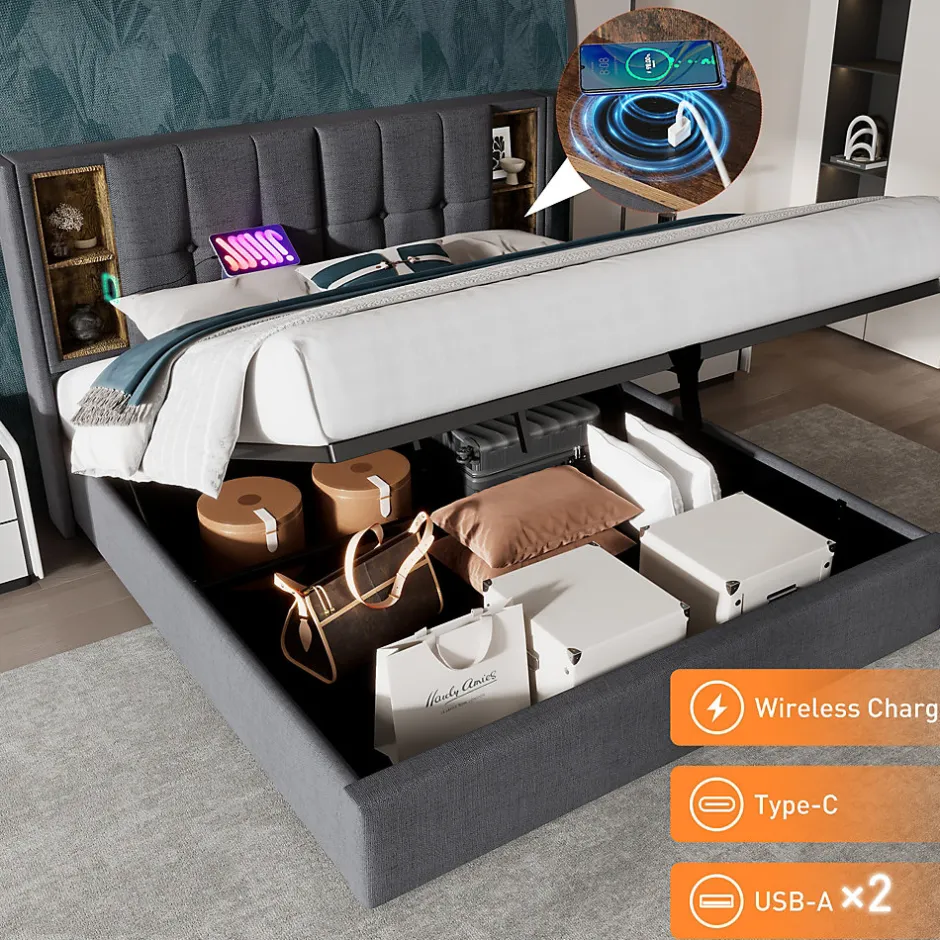 Okwish Lit coffre 140x200 cm capitonné avec rangement intégré, charge sans fil et USB-C - sommier et matelas inclus - tissu coton gris Clearance