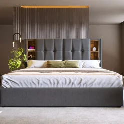 Okwish Lit coffre 140x200 cm capitonné avec rangement intégré, charge sans fil et USB-C - sommier et matelas inclus - tissu coton gris Clearance