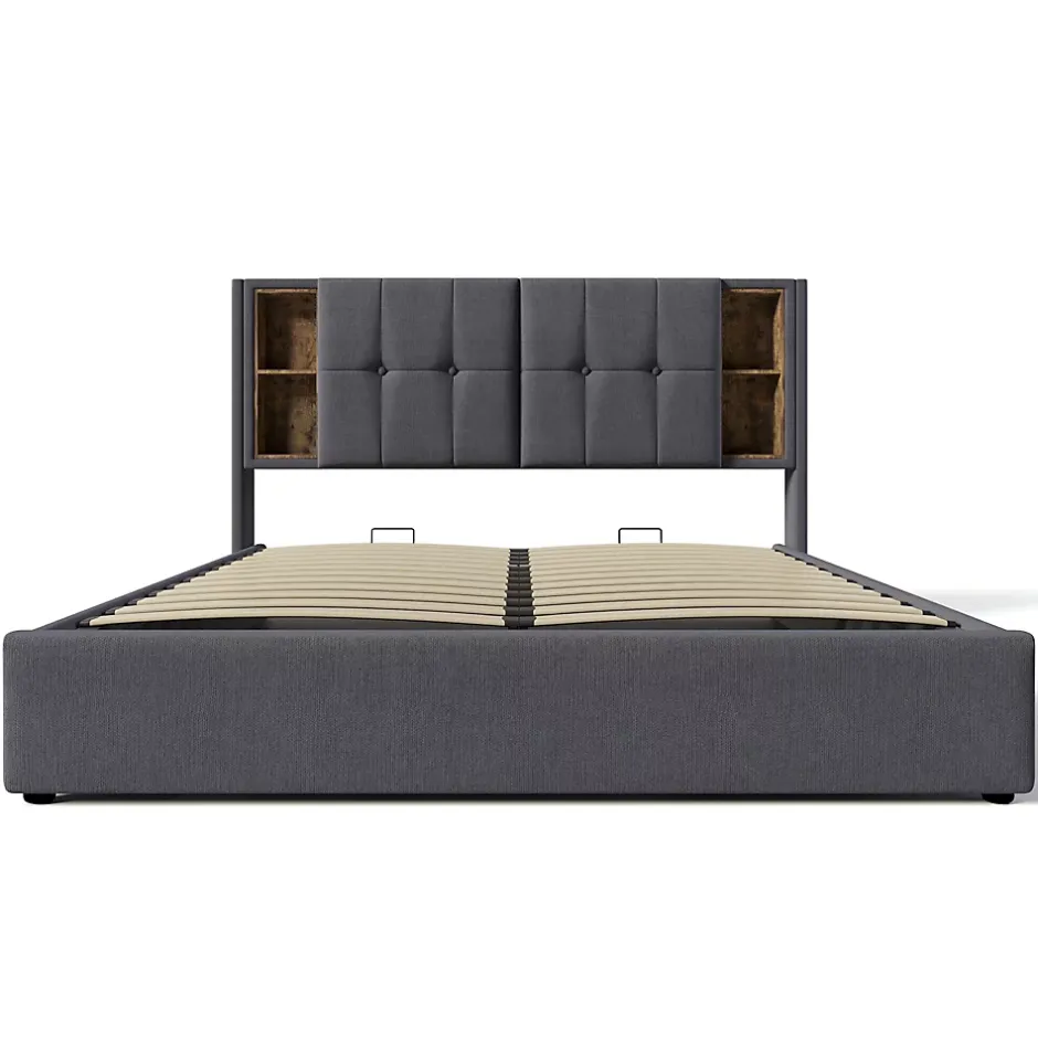 Okwish Lit coffre 140x200 cm capitonné avec rangement intégré, charge sans fil et USB-C - sommier et matelas inclus - tissu coton gris Clearance