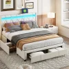 ProximaX Lit coffre 160x200 cm, capitonné lin, lit double avec 4 tiroirs, LED, USB & Type-C, sommier à lattes et tête de lit, Beige