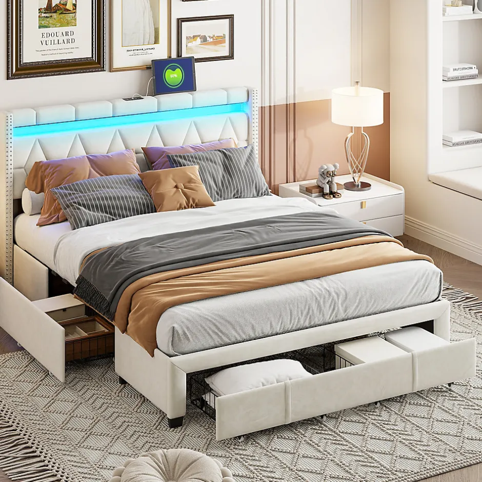 ProximaX Lit coffre 160x200 cm, capitonné lin, lit double avec 4 tiroirs, LED, USB & Type-C, sommier à lattes et tête de lit, Beige